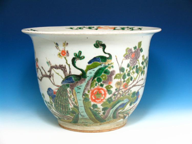 19th C. Famille Verte Planter with peacocks.