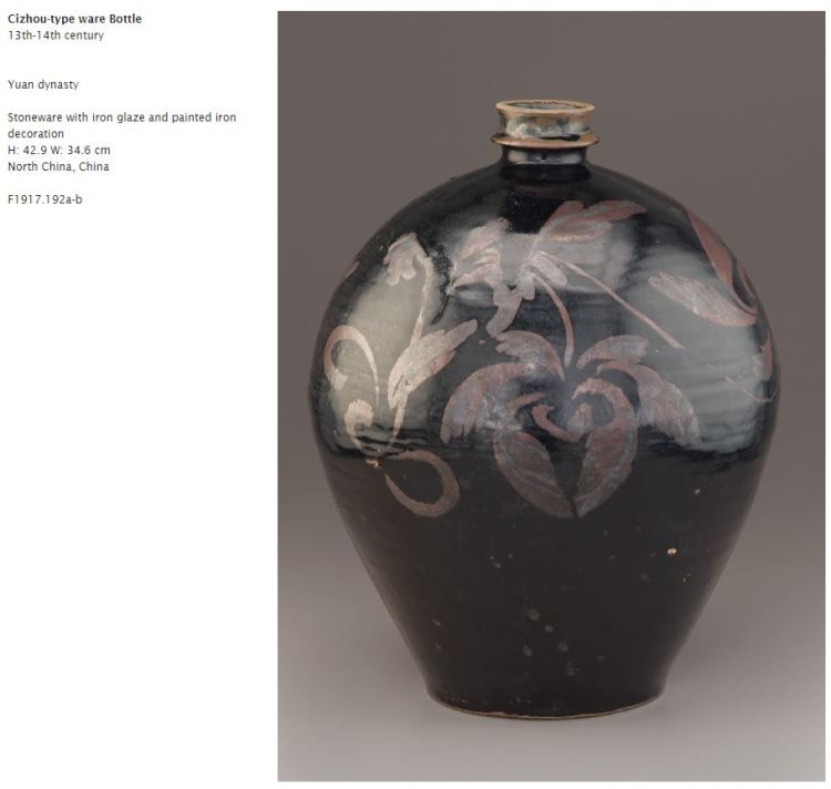 Yuan Dynasty Cizhou Iron Glaze and decorated bottle