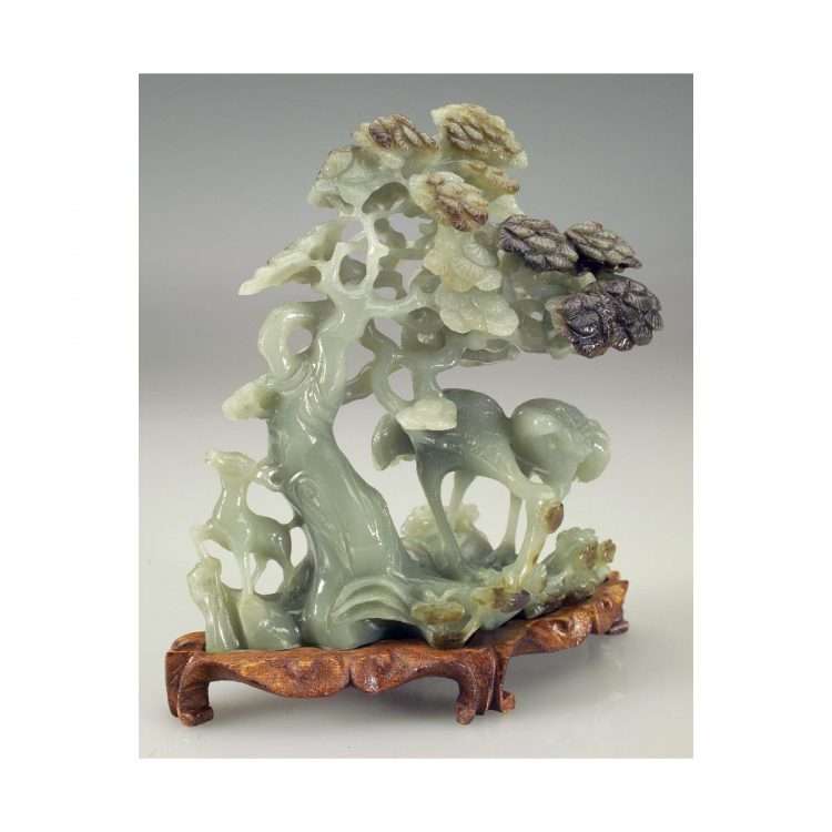 DETAIL, 20th C. Nephrite Statue with Birds, Deer and Pine Tree