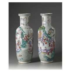 Large pair of 19th C. Famille Rose Mallet Vases