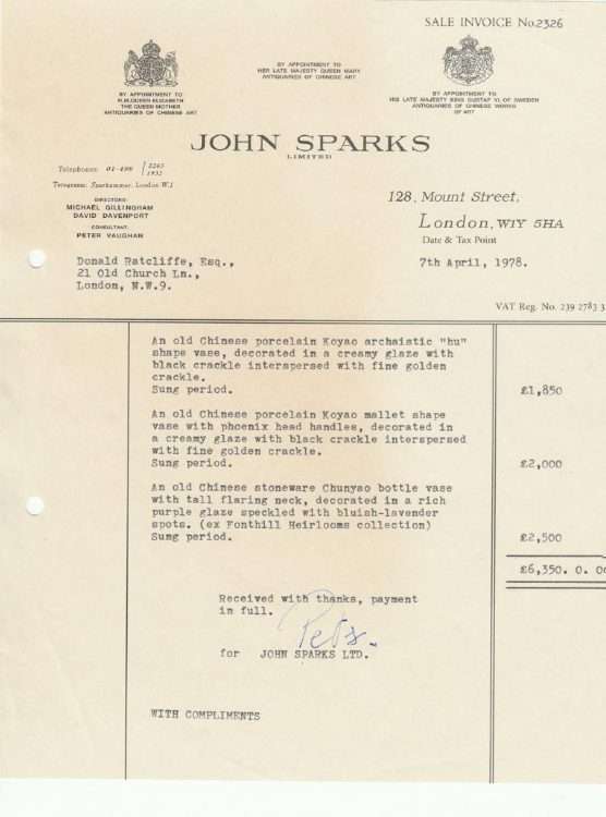 Fake receipt from John Sparks Song porcelain