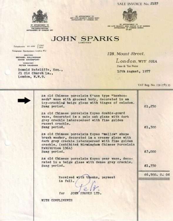 Fake receipt from John Sparks Song porcelain