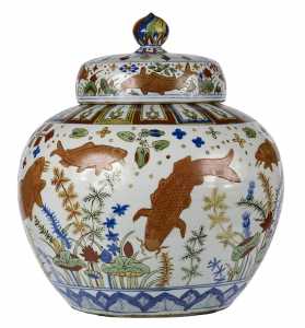 800px Chinese   Wine Jar with Carp among Water Weeds and Lotuses   Walters 491917   View A (cropped)