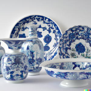 DALL·E 2024 01 18 16.04.53   three chinese blue and white porcelain chargers and three blue and white Chinese vases with the Canton pattern