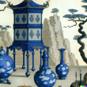 DALL·E 2024 01 18 16.49.24   a tall Chinese porcelain dishware cabinet decorated with cobalt blue decorations of small figures in rocky Chinese landscapes  standing in a large 17t