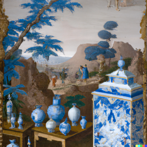 DALL·E 2024 01 18 16.49.03   a tall Chinese porcelain dishware cabinet decorated with cobalt blue decorations of small figures in rocky Chinese landscapes  standing in a large 17t