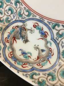 Vintage Japanese Large Porcelain Charger Beautifully Painted Dragons Phoenix detail a