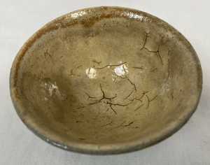 Vintage or Antique Japanese or Korean Glazed Stoneware Small Rice Bowl, Tan  Interior.