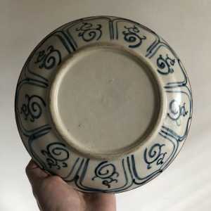 Antique likely Korean blue and white pottery plate lotus design rear.