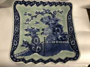 ANTIQUE LARGE ARITA BLUE AND CELADON TRAY FLOWERING BRANCH AND BIRD