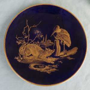 FINE ANTIQUE COBALT & GOLD PLATE FOX AND STORK SCENE BROWN WESTHEAD MOORE 45.00