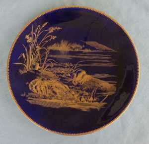 FINE ANTIQUE COBALT & GOLD PLATE POND SCENE CRAYFISH FROG WATER LILIES BROWN WESTHEAD MOORE 45.00