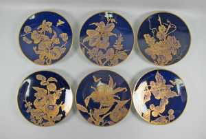 Set of 6 BWM for Davis Collamore. Cobalt Dessert Plates Gold Encrusted Flora&Insects 225.00