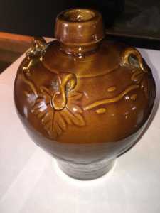 Vintage Glazed Art Pottery Ovoid High Relief 3 Handle Jug Pitcher Bud Vase poss Asian 1.99