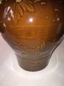 Vintage Glazed Art Pottery Ovoid High Relief 3 Handle Jug Pitcher Bud Vase poss Asian close up