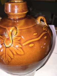 Vintage Glazed Art Pottery Ovoid High Relief 3 Handle Jug Pitcher Bud Vase poss Asian detail of side